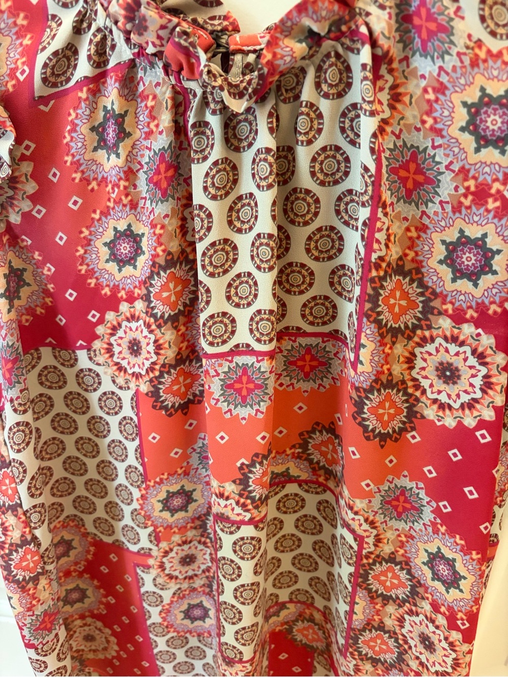 Barely worn - Spense Pink and Cream Patchwork Ruffle Cap-Sleeve Blouse - Picture 5 of 7